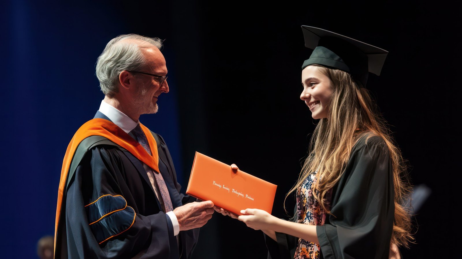 A student on stage, receiving their diploma with a handshake from the professor, proud moment of achievement A student on stage, receiving their diploma with a handshake from the professor, proud moment of achievement