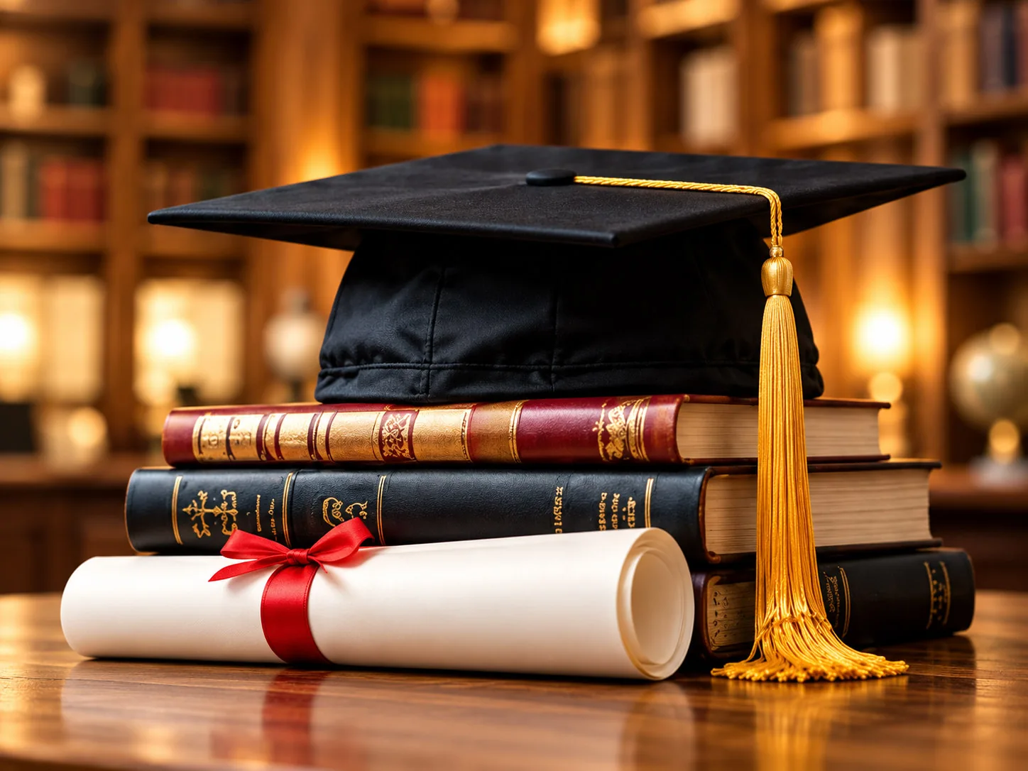 Graduation cap, books and doctoral diploma